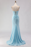 Corsé de sirena azul cielo con cuentas y tirantes, vestido largo de graduación con abertura