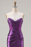 Corsé sin tirantes de sirena morado morado oscuro con cuentas y vestido largo de baile con abertura