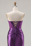 Corsé sin tirantes de sirena morado morado oscuro con cuentas y vestido largo de baile con abertura