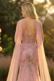 Vestido largo de graduación bordado de sirena Sweetheart Blush con bufanda en el cuello