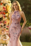 Vestido largo de graduación bordado con tul de tope sirena y lentejuelas