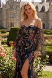 Vestido largo de graduación con flores negras de lentejuelas rosa y flor rosa sirena descubierto