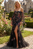 Vestido largo de graduación con flores negras de lentejuelas rosa y flor rosa sirena descubierto