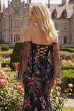 Vestido largo de graduación con flores negras de lentejuelas rosa y flor rosa sirena descubierto