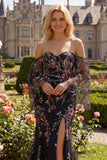 Vestido largo de graduación con flores negras de lentejuelas rosa y flor rosa sirena descubierto