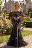 Vestido largo de graduación con flores negras de lentejuelas rosa y flor rosa sirena descubierto