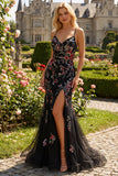 Vestido largo de baile de graduación de sirena con tirantes de flor rosa rosa y negro