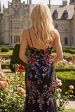 Vestido largo de baile de graduación de sirena con tirantes de flor rosa rosa y negro