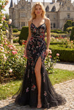 Vestido largo de baile de graduación de sirena con tirantes de flor rosa rosa y negro