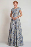 Vestido largo de madre de la novia con cuello redondo y azul gris, azul y manga