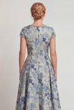 Vestido largo de madre de la novia con cuello redondo y azul gris, azul y manga
