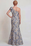 Vestido de la Madre de la Novia de una sola sirena de un hombro con moño de flor gris azulada