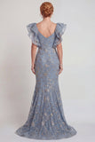 Vestido de sirena de manga ondulada con volantes y mangas apliques gris, azul y abertura