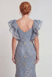 Vestido de sirena de manga ondulada con volantes y mangas apliques gris, azul y abertura