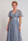 Vestido largo de madre de la novia, con escote en V y brillante gris azul, con escote en V y línea en A