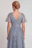 Vestido largo de madre de la novia, con escote en V y brillante gris azul, con escote en V y línea en A