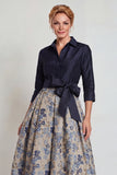 Jacquard azul marino mangas 3/4 de mangas A-line largo Madre de la novia con moño