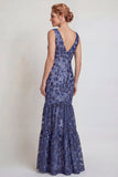 Vestido de sirena de la Madre de la Novia con cuello en V con aplicación en flor azul marino oscuro
