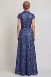 Vestido de madre de la novia largo de escote en V azul oscuro con escote en V y línea en A