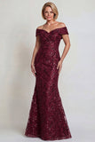 Vestido burdeos brillante de hombros descubiertos Sirena madre de la novia con lentejuelas