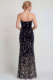 Vestido de sirena sin tirantes plateado negro brillante con lentejuelas