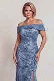 Vestido de madre de la novia, lentejuelas gris azules al aire de los hombros