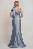 Vestido de la Madre de la Novia de Satén Gris de un solo hombro con moño