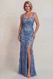 Vestido de madre de la novia con tirantes finos brillantes gris azules aplicados