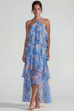 Vestido Midi de Lámina con Estampado Azul Rosa Estampado Una Línea Midi con volantes