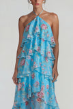 Vestido Midi de Lámina con Estampado Azul Rosa Estampado Una Línea Midi con volantes