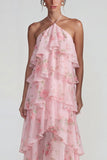 Vestido Midi de Lámina con Estampado Azul Rosa Estampado Una Línea Midi con volantes