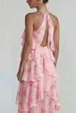 Vestido Midi de Lámina con Estampado Azul Rosa Estampado Una Línea Midi con volantes