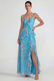 Vestido Midi azul con volantes rosas de chiffon rosa A Line con abertura
