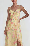 Vestido Midi azul con volantes rosas de chiffon rosa A Line con abertura
