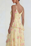 Vestido Midi azul con volantes rosas de chiffon rosa A Line con abertura