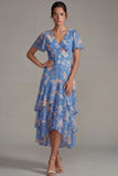 Vestido Midi de línea A con escote en V y rosa con volantes y escote en V