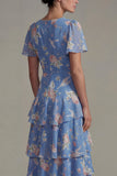 Vestido Midi de línea A con escote en V y rosa con volantes y escote en V
