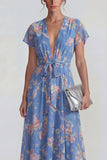 Vestido Midi azul profundo de escote profundo en V rosa con chiffon floral A Line con moño