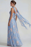 Vestido formal de galita azul de gasa floral sin tirantes con tirantes y lazos