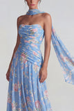 Vestido formal de galita azul de gasa floral sin tirantes con tirantes y lazos