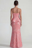 Blush Jacquard Tirante sin tirantes con volantes y vestido formal largo