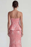 Blush Jacquard Tirante sin tirantes con volantes y vestido formal largo