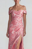 Rubor Jacquard sobre el hombro, funda fruncida, vestido formal largo con abertura