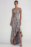 Vestido formal largo de sirena con escote en V y volantes gris, azul, jacquard y abertura