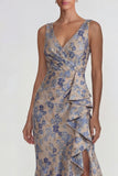 Vestido formal largo de sirena con escote en V y volantes gris, azul, jacquard y abertura