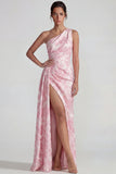 Jacquard lila fruncido, un hombro, vestido formal largo con abertura