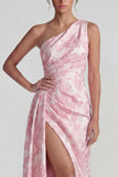 Jacquard lila fruncido, un hombro, vestido formal largo con abertura