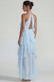 Vestido Midi azul de gasa con volantes con capas en A Line