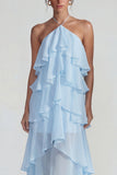 Vestido Midi azul de gasa con volantes con capas en A Line
