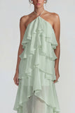 Vestido Midi azul de gasa con volantes con capas en A Line